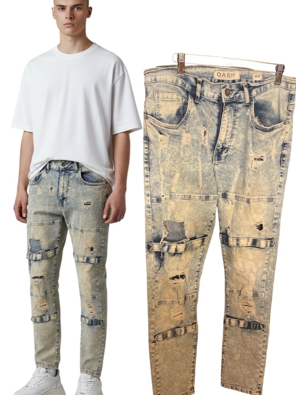 Dash American Light Acid Wash Biker Jeans Distressed Moto Strap Men’s 34x32